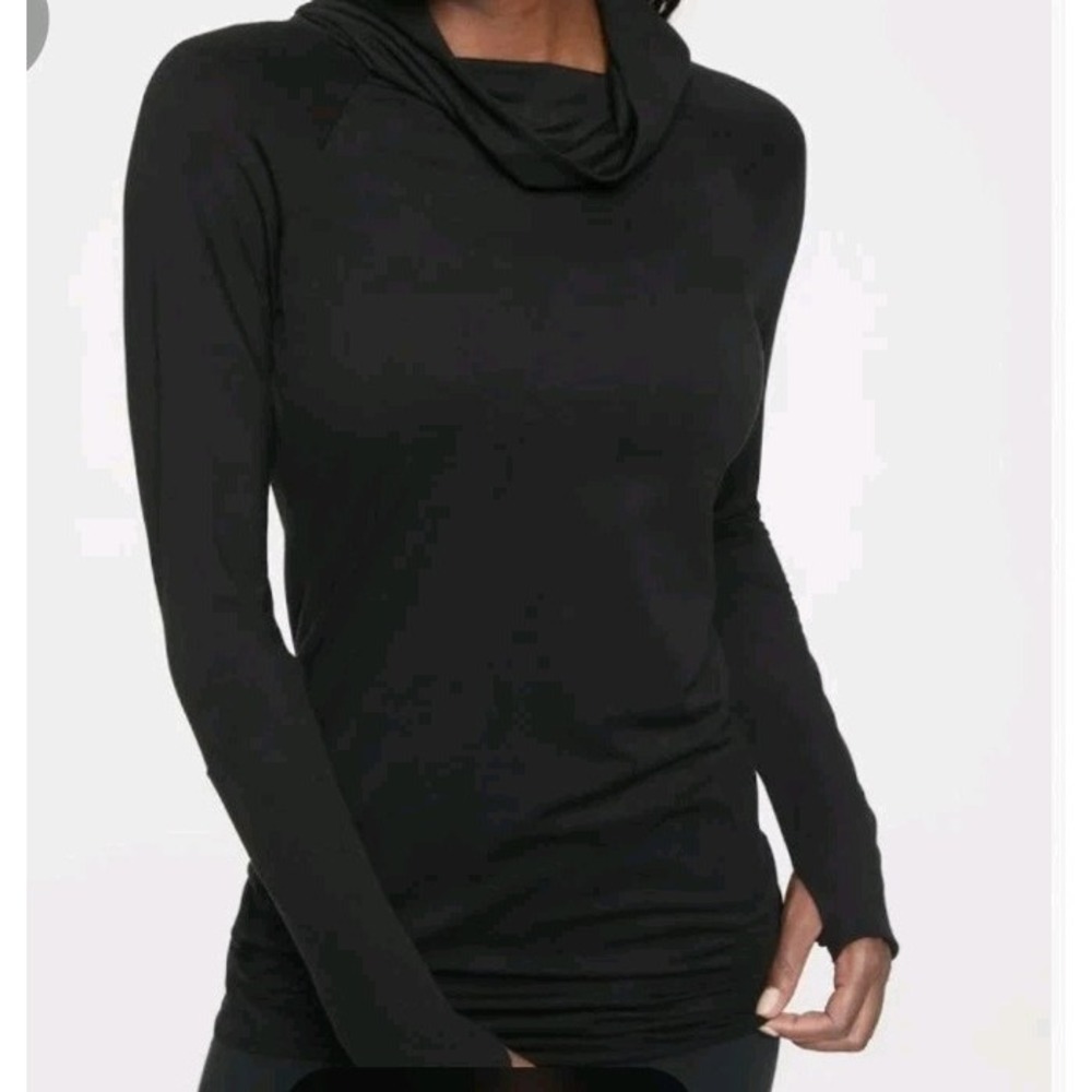 Athleta Top Black Essence Hooded Tunic Cowl Neck Thumbhole Stretch SZ M